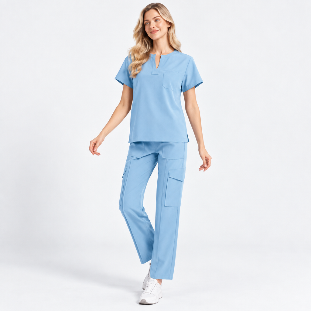 Women's Notch Neck Stretch Scrub Set with Cargo Pants | G&P