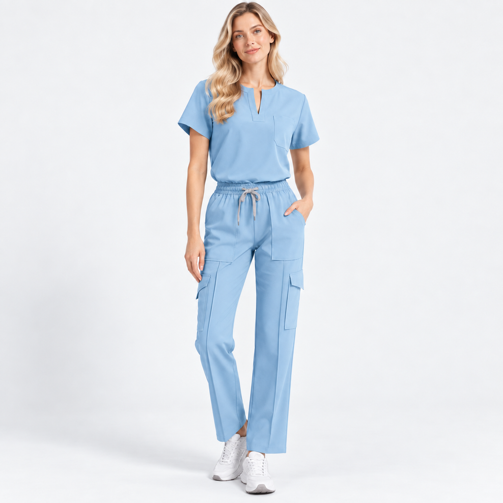 Women's Notch Neck Stretch Scrub Set with Cargo Pants | G&P