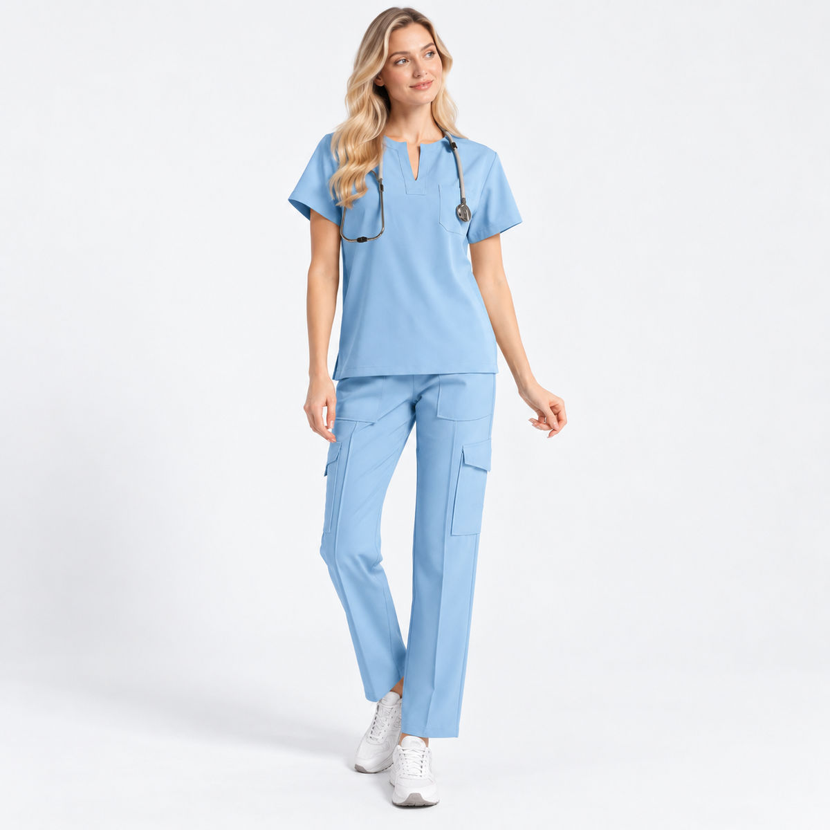 Women's Notch Neck Stretch Scrub Set with Cargo Pants | G&P