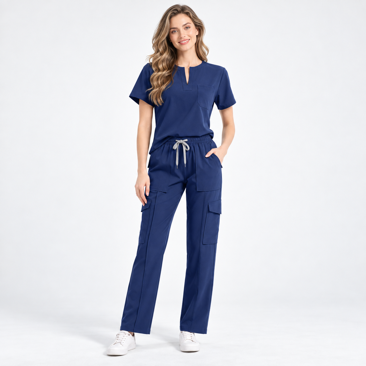 Women's Notch Neck Stretch Scrub Set with Cargo Pants | G&P