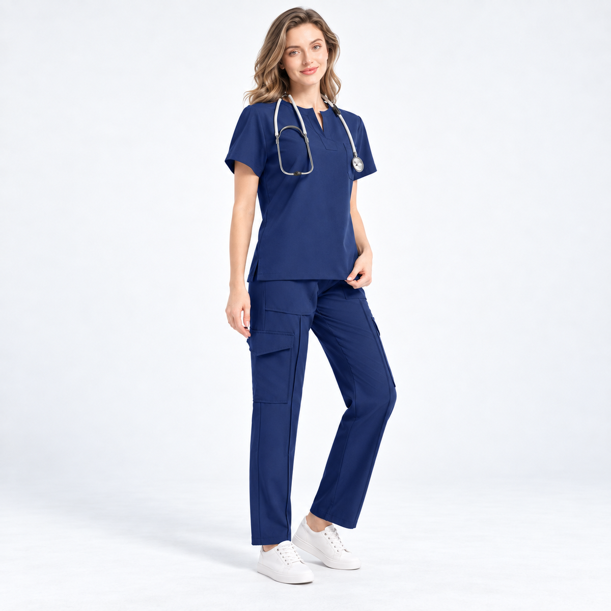 Women's Notch Neck Stretch Scrub Set with Cargo Pants | G&P