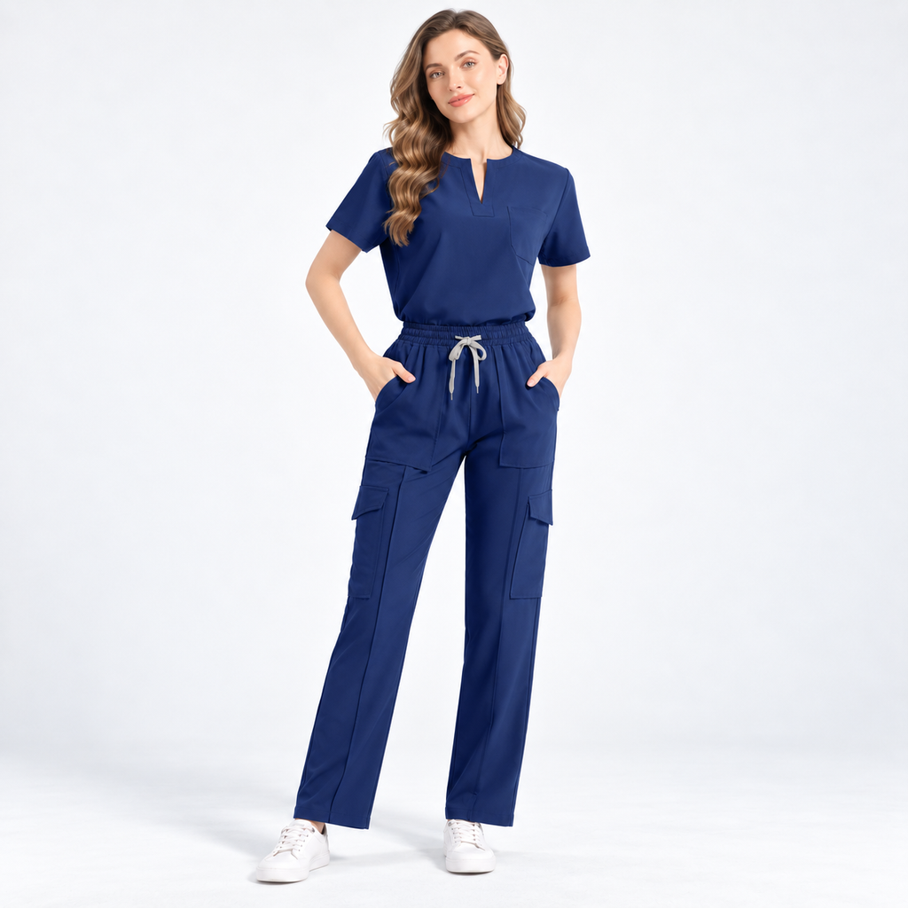 Women's Notch Neck Stretch Scrub Set with Cargo Pants | G&P