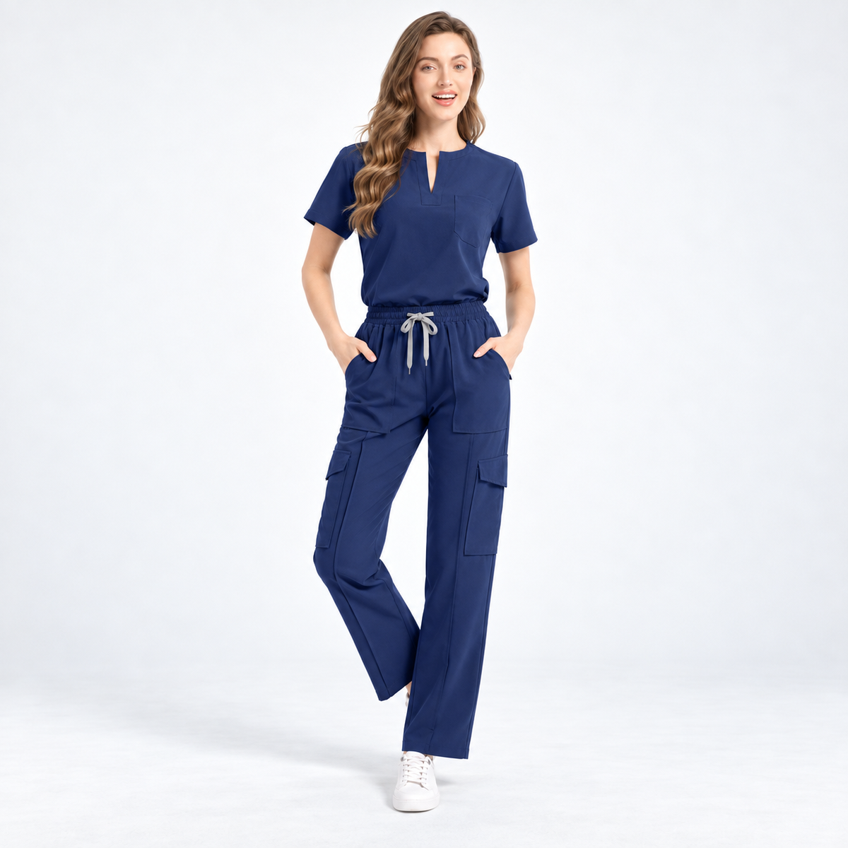 Women's Notch Neck Stretch Scrub Set with Cargo Pants | G&P